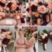 A photo collage of rose gold, peach, burgundy, and baby pink wedding color ideas.