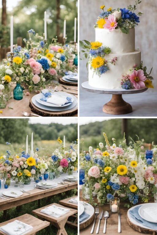 A photo collage of wildflower themed wedding color ideas.