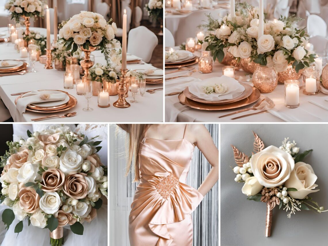 A photo collage of rose gold, cream, and white wedding color ideas.