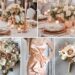 A photo collage of rose gold, cream, and white wedding color ideas.