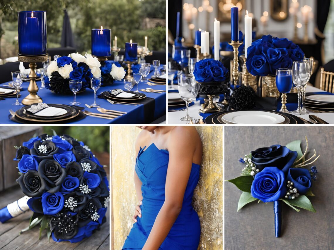 A photo collage of royal blue and black wedding color ideas.