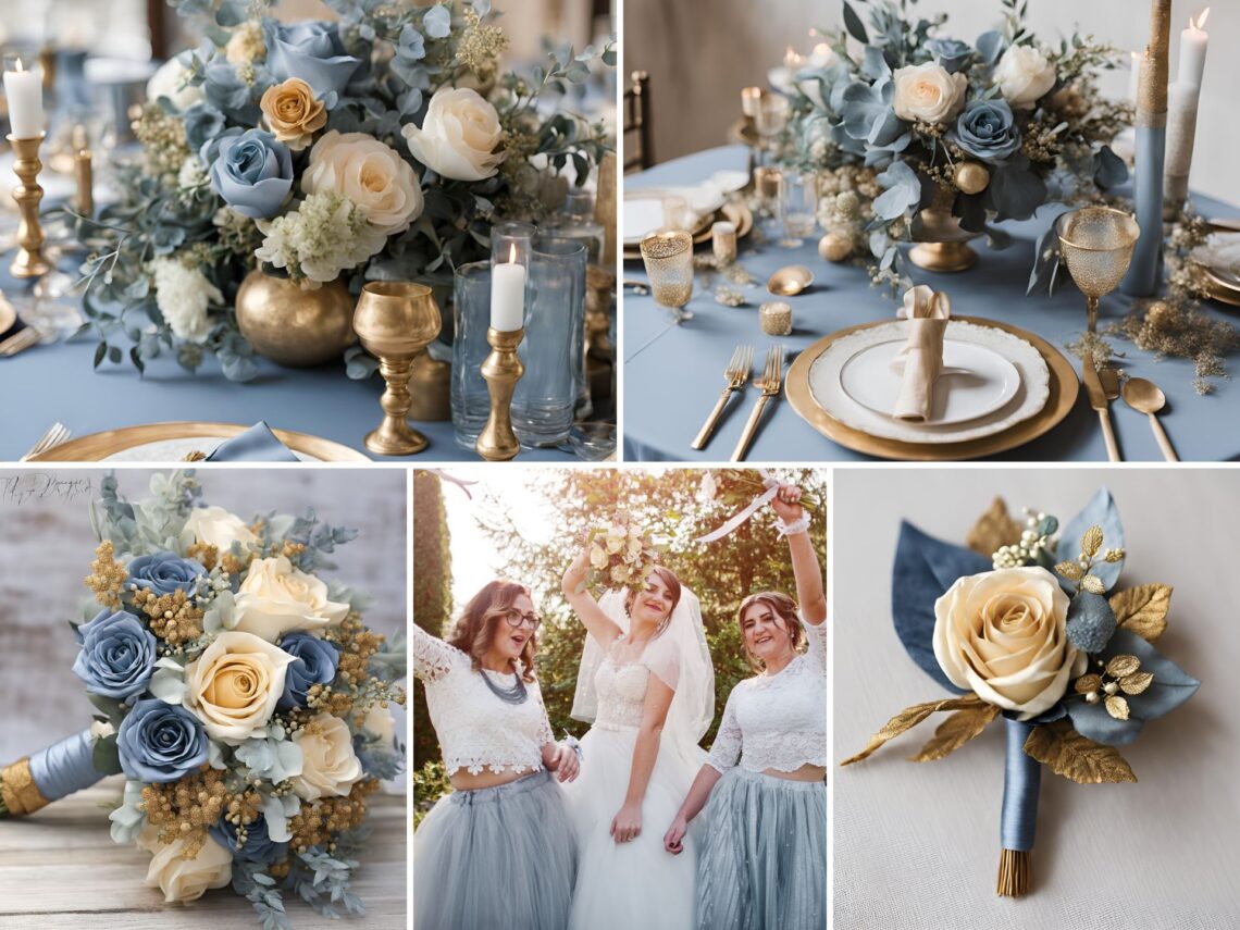 A photo collage of dusty blue and gold wedding color ideas.