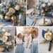 A photo collage of dusty blue and gold wedding color ideas.