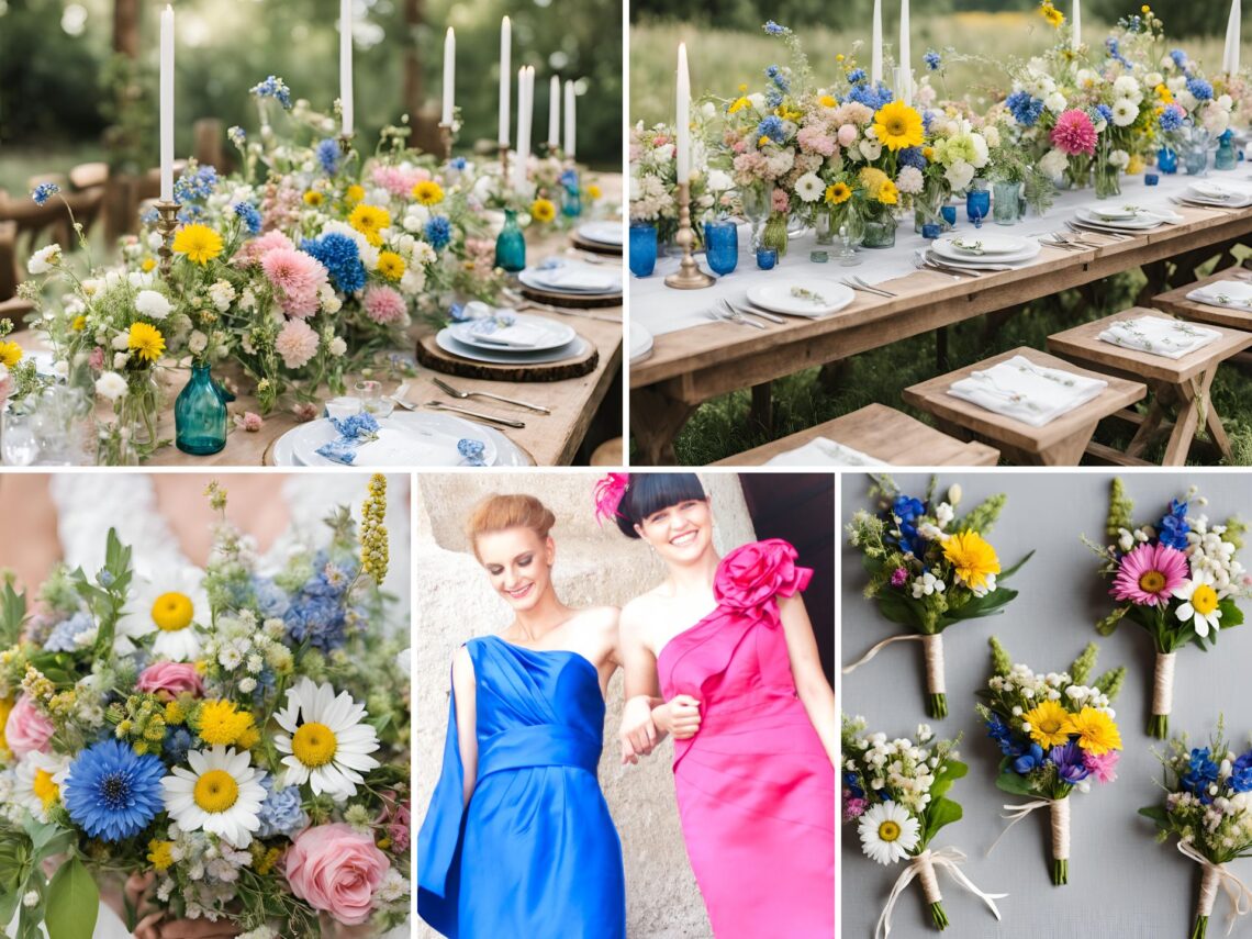 A photo collage of wildflower themed wedding color ideas.