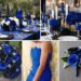 A photo collage of royal blue and black wedding color ideas.