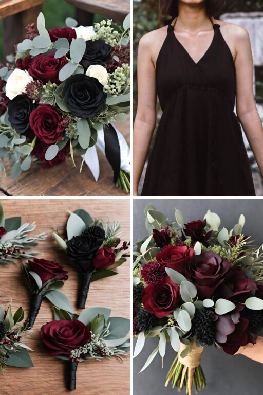 A photo collage of burgundy, black, and eucalyptus wedding color ideas.