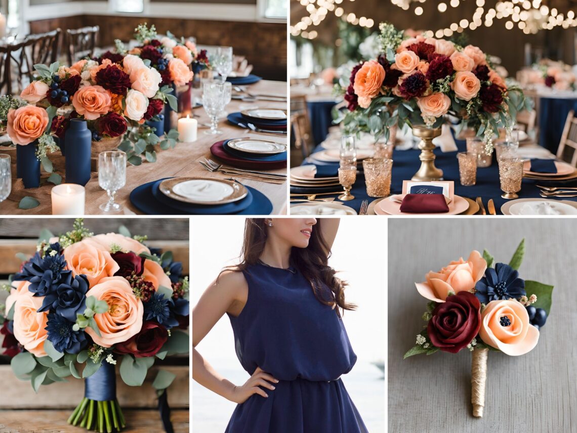 A photo collage of peach, navy, and maroon wedding color ideas.