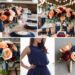 A photo collage of peach, navy, and maroon wedding color ideas.