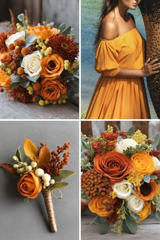 A photo collage if rust orange and yellow wedding color ideas.