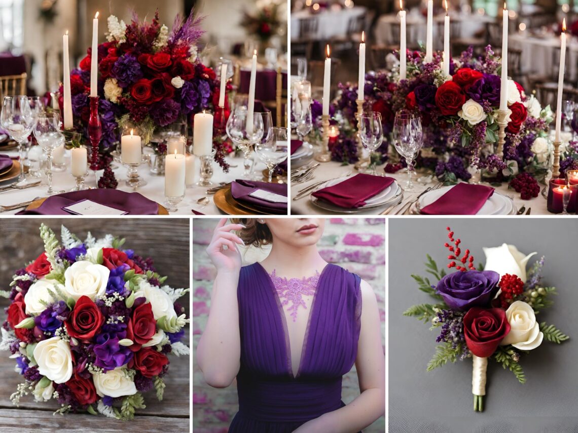 A photo collage of red, purple, and ivory wedding color ideas.