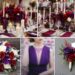 A photo collage of red, purple, and ivory wedding color ideas.