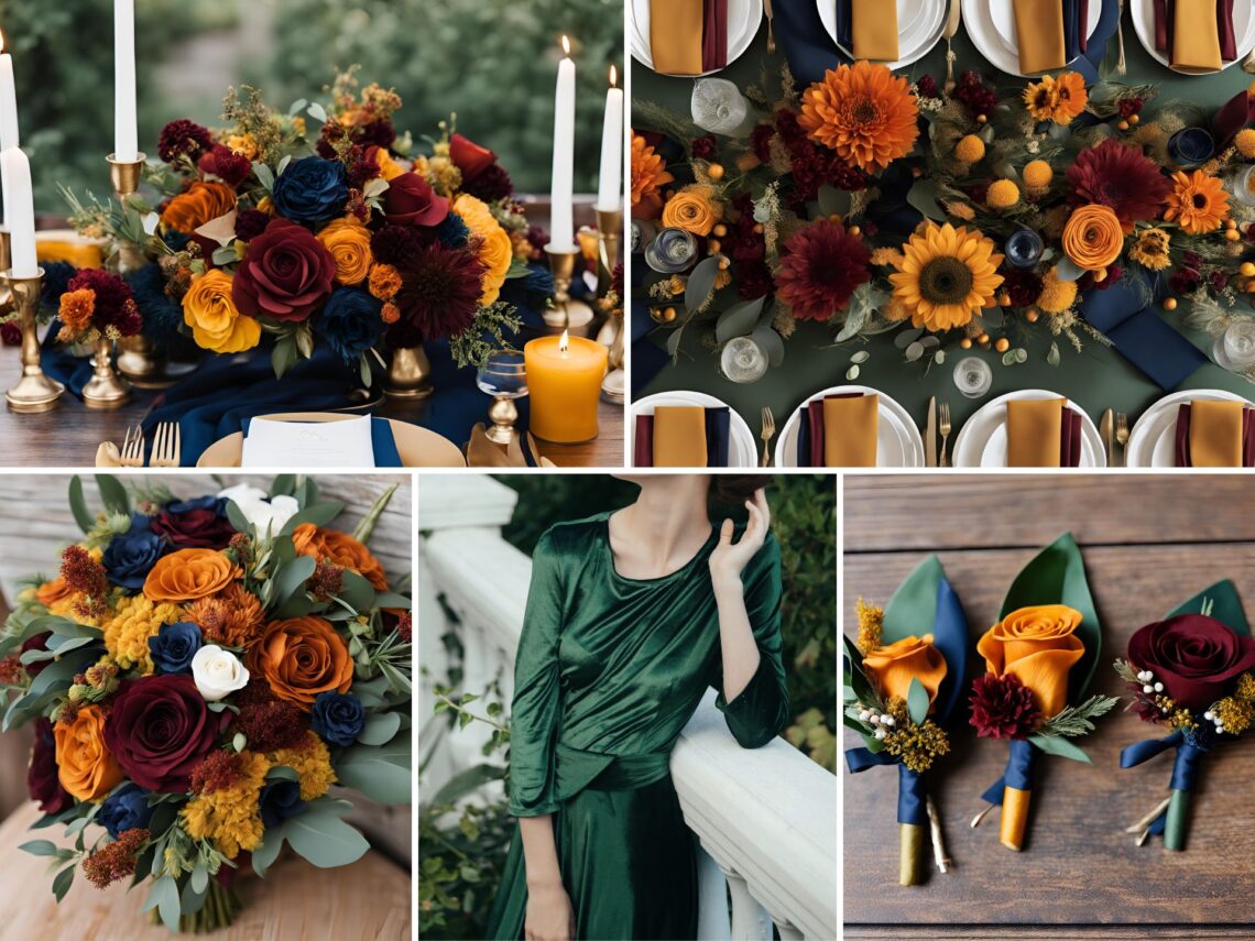 A photo collage of burnt orange, burgundy, navy, mustard yellow, and hunter green wedding color ideas.