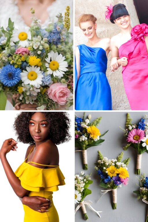 A photo collage of wildflower themed wedding color ideas.