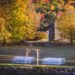 An outdoor fall wedding near a lake.