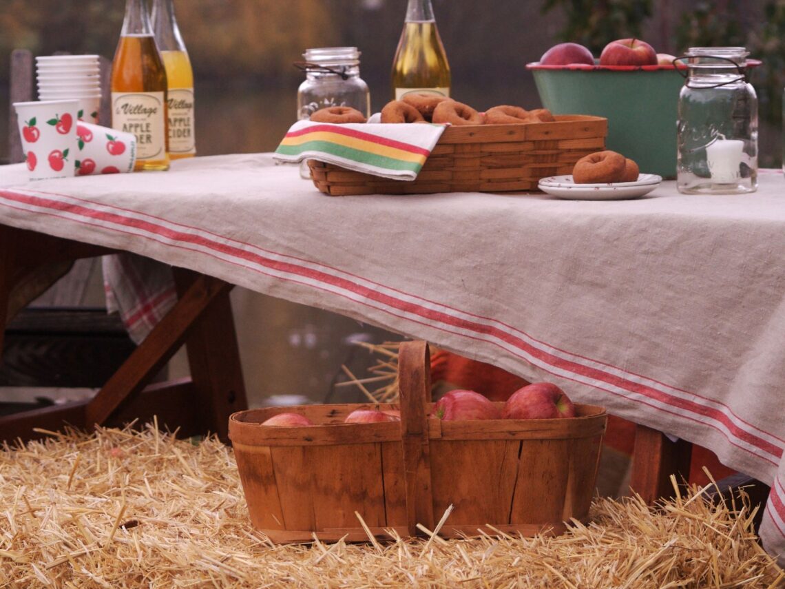 A picnic table with apples, apple donuts, and apple cider.