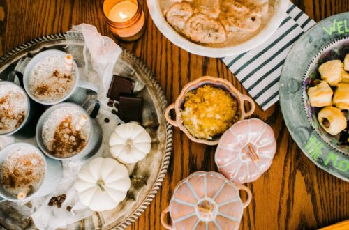 A fall dinner on a wooden table.