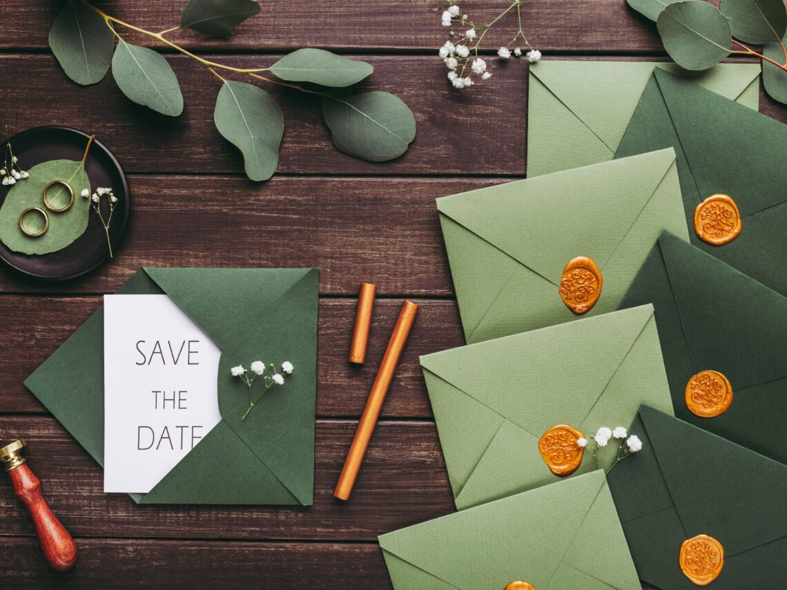 A table with green wedding invitations and save the date cards.