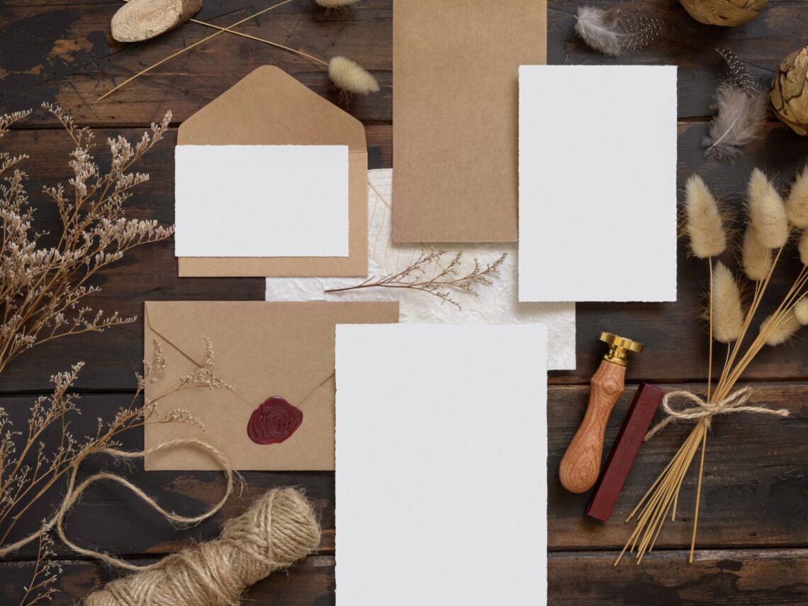 Rustic fall wedding invitations laid out on a wooden table.