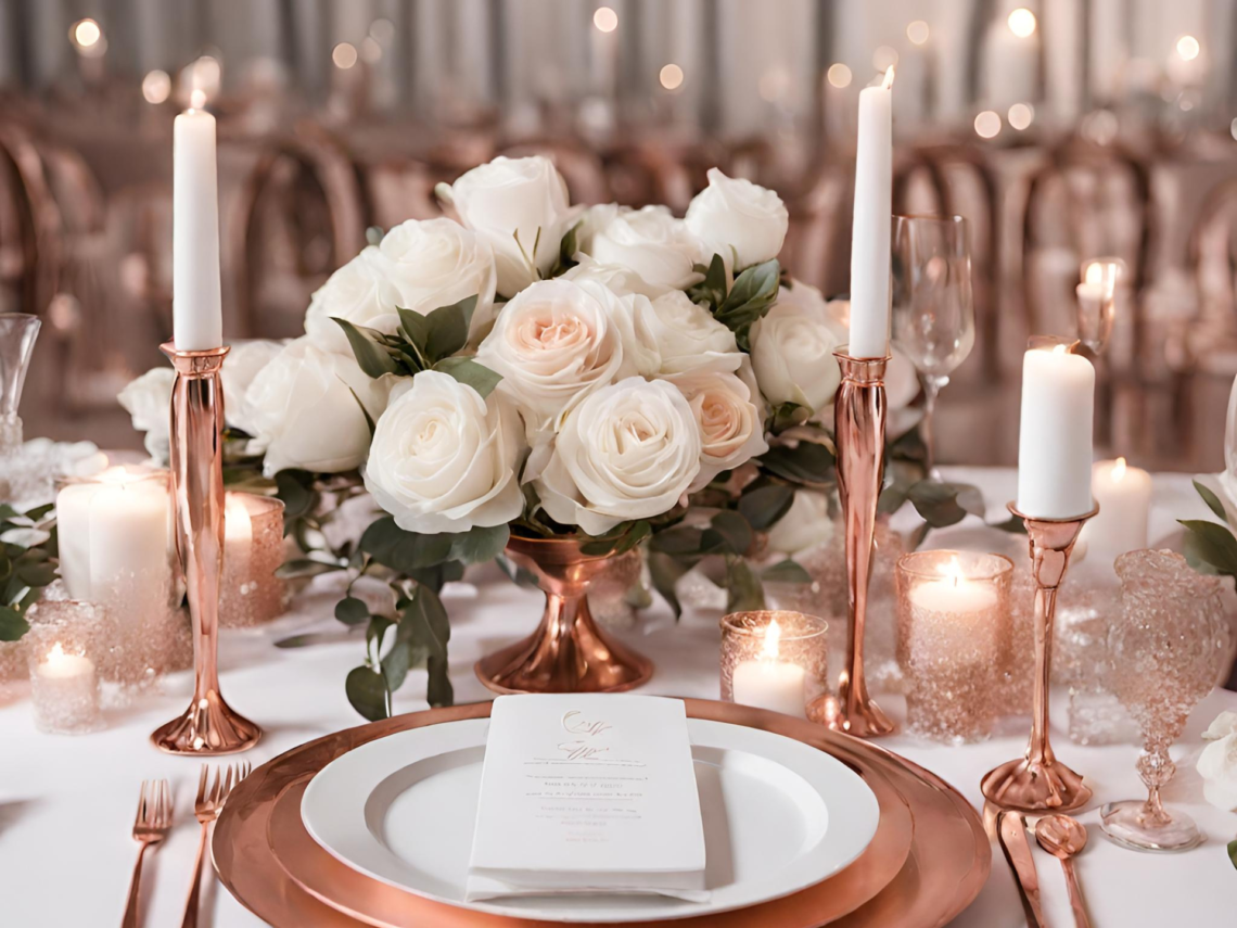 A rose gold and white colored wedding table.