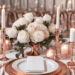 A rose gold and white colored wedding table.