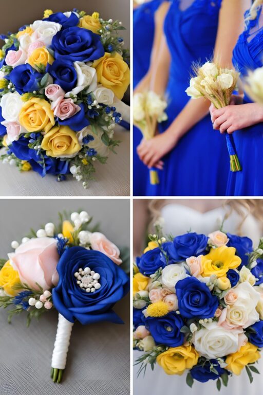 A photo collage of royal blue, yellow, light pink, and white wedding color ideas.