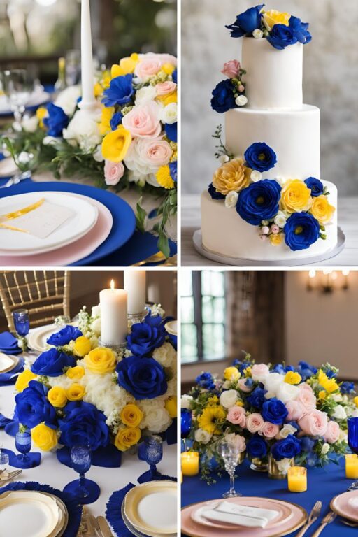 A photo collage of royal blue, yellow, light pink, and white wedding color ideas.