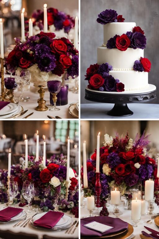 A photo collage of red, purple, and ivory wedding color ideas.