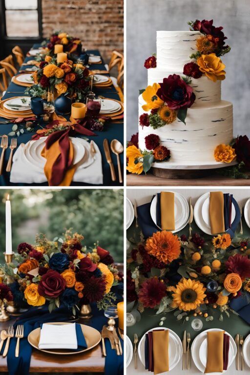 A photo collage of burnt orange, burgundy, navy, mustard yellow, and hunter green wedding color ideas.