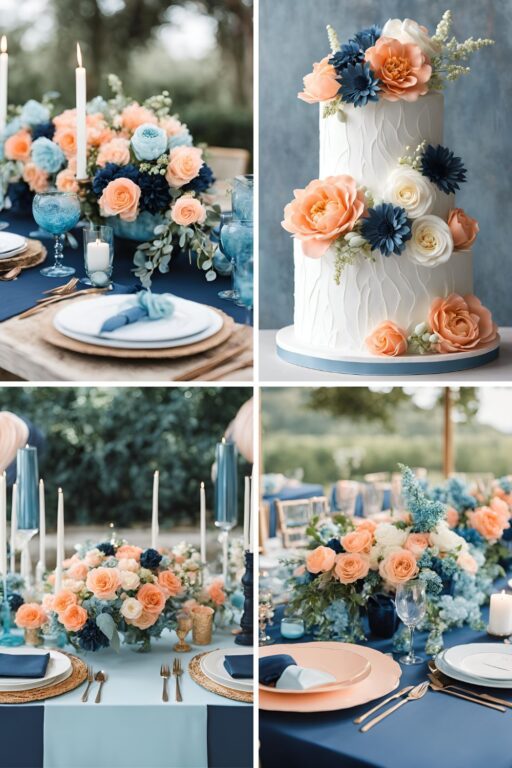 A photo collage of light cyan blue, navy blue, and peach wedding color ideas.