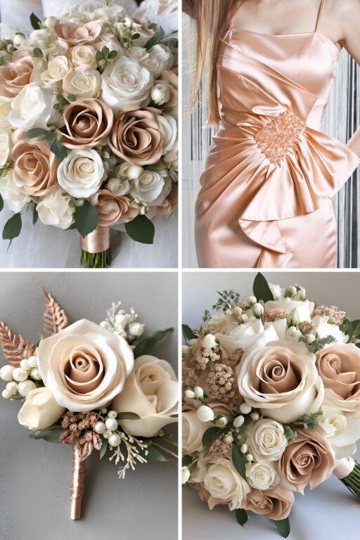 A photo collage of rose gold, cream, and white wedding color ideas.