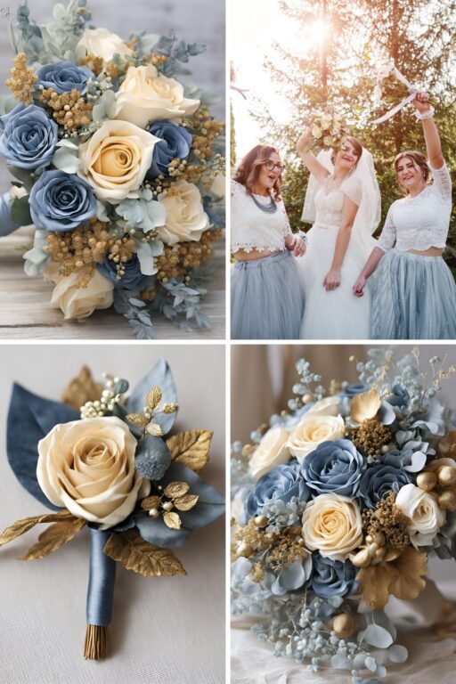 A photo collage of dusty blue and gold wedding color ideas.