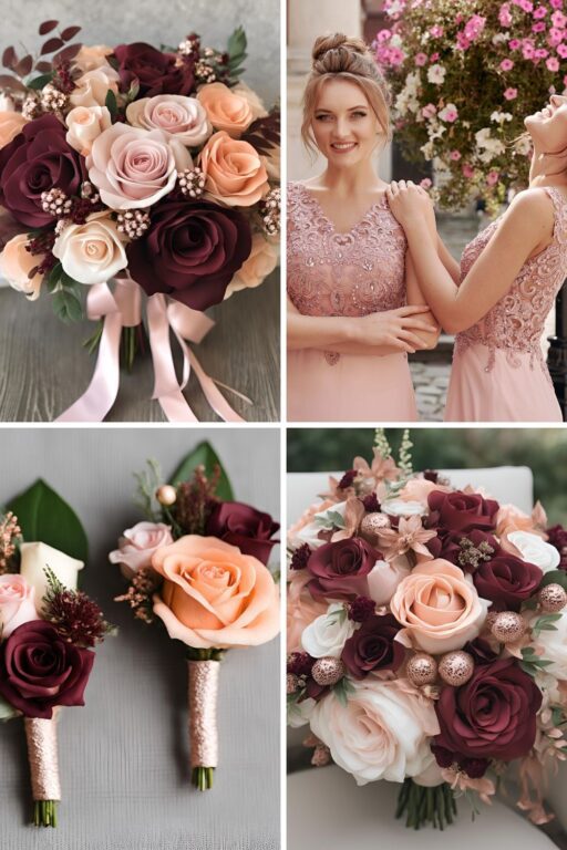 A photo collage of rose gold, peach, burgundy, and baby pink wedding color ideas.