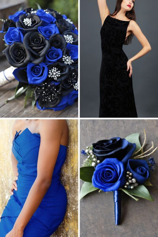 A photo collage of royal blue and black wedding color ideas.