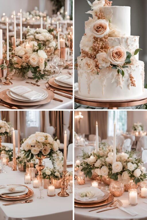 A photo collage of rose gold, cream, and white wedding color ideas.