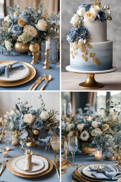 A photo collage of dusty blue and gold wedding color ideas.