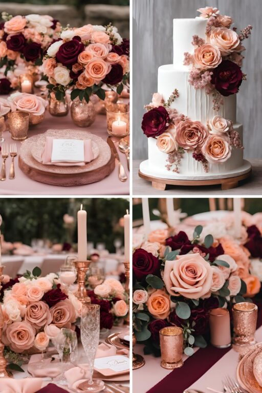 A photo collage of rose gold, peach, burgundy, and baby pink wedding color ideas.