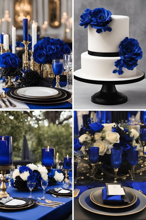 A photo collage of royal blue and black wedding color ideas.