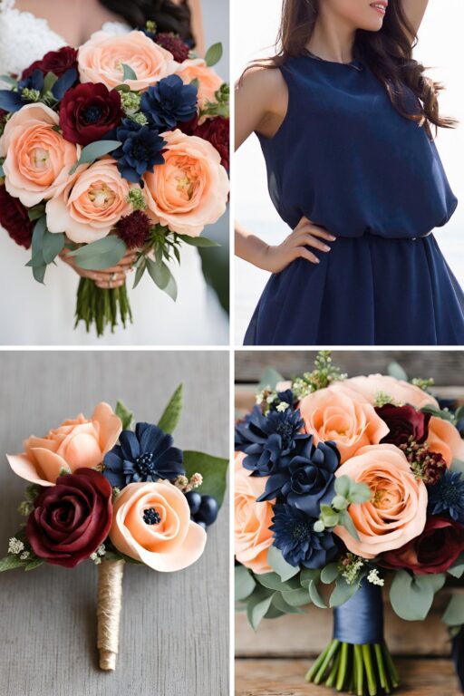 A photo collage of peach, navy, and maroon wedding color ideas.