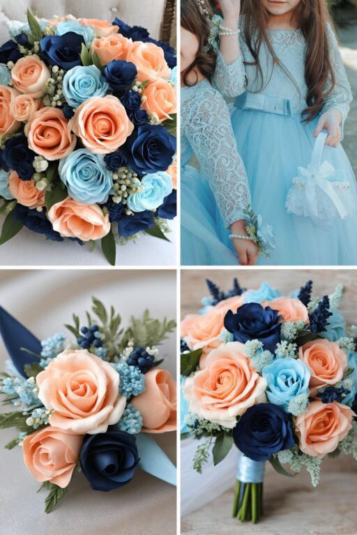 A photo collage of light cyan blue, navy blue, and peach wedding color ideas.