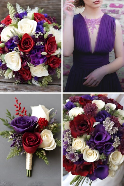 A photo collage of red, purple, and ivory wedding color ideas.