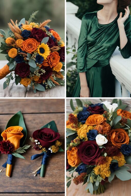 A photo collage of burnt orange, burgundy, navy, mustard yellow, and hunter green wedding color ideas.