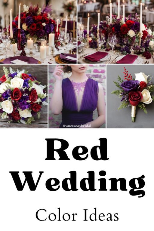 A photo collage of red and purple wedding color ideas.