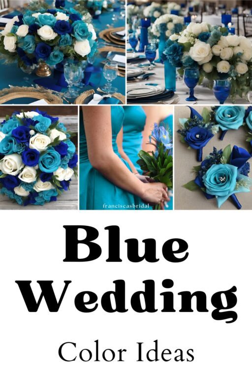 A photo collage of blue wedding color palette ideas.