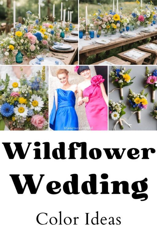 A photo collage of wildflower wedding color ideas.