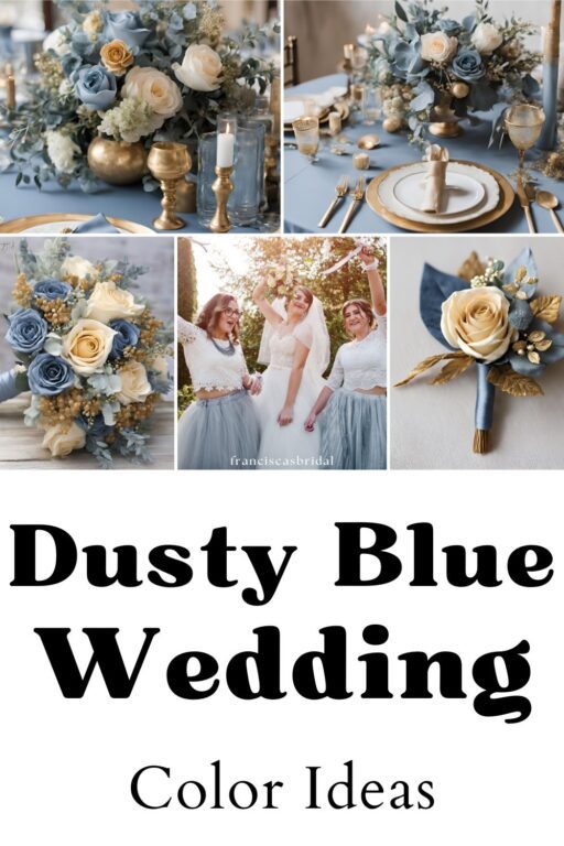 A photo collage of dusty blue wedding color ideas.