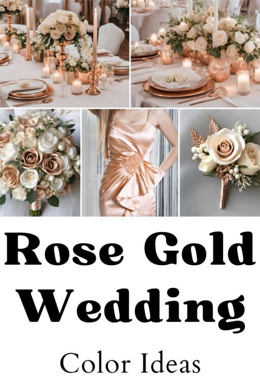 A photo collage of rose gold wedding color ideas.