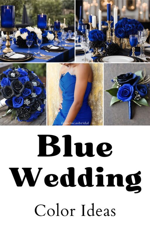 A photo collage of royal blue wedding color ideas.