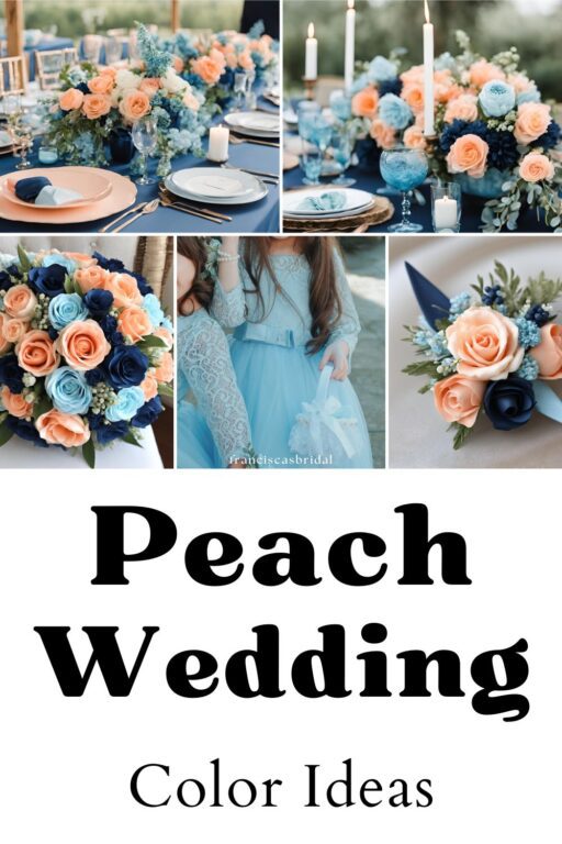 A photo collage of peach and blue wedding color ideas.