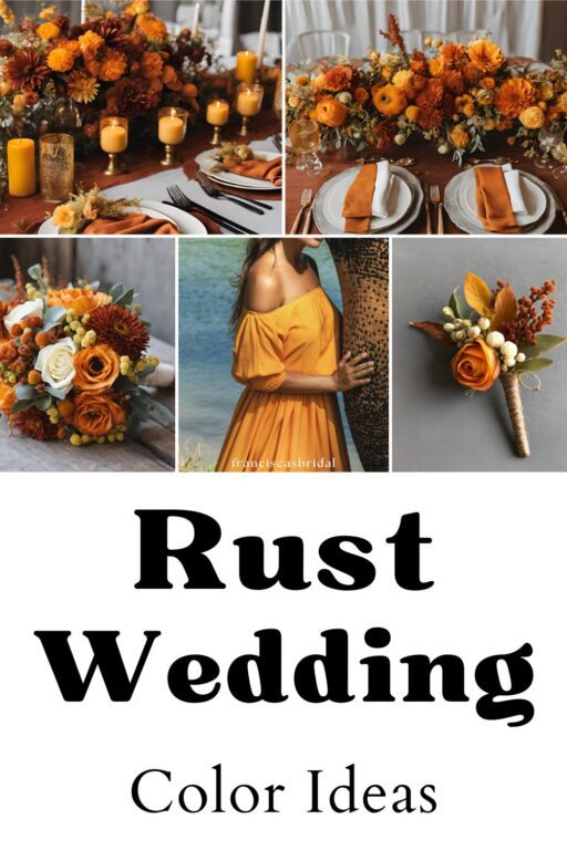 A photo collage of rust orange and yellow wedding color ideas.