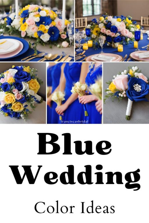 A photo collage of royal blue wedding color ideas.